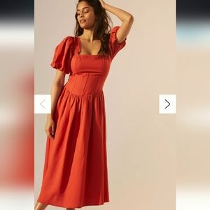 Anthropologie Red Puff-Sleeve Square-Neck Midi Dress